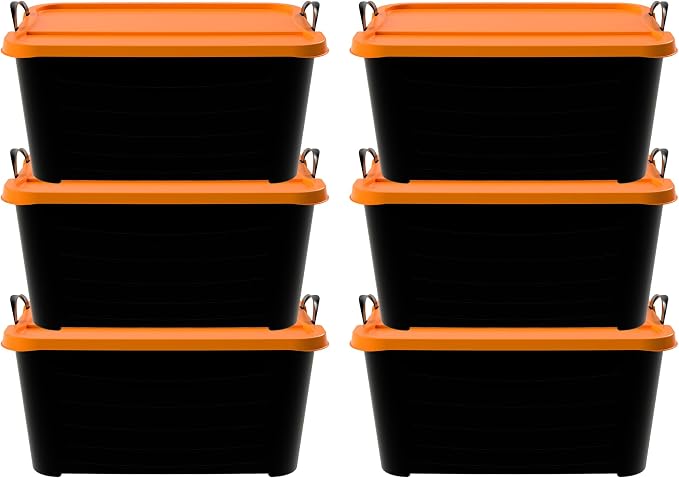Life Story 6 Pack Heavy Duty Stackable Storage Bin, 55 Quart Home Organizer, Versatile Lightweight Locking Bins with Carrying Handles, Black/Orange by LifeStory