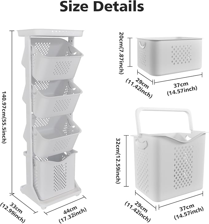 BAOKALER 4-Tier Laundry Hamper Sorter, Vertical Rolling Laundry Baskets with Wheels Removable, Stackable Laundry Cart Organizer and Storage for Small Space, Dorm, Closet, Bathroom - Image 2