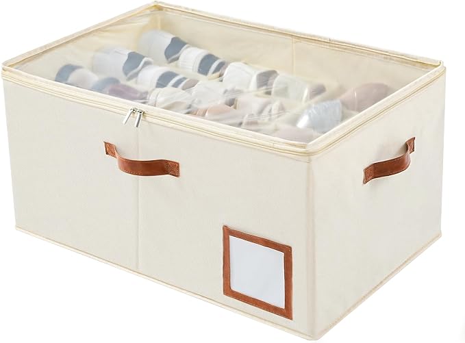 INSTY Shoe Organizer for Closet Fit 24 Pairs, Large Foldable Shoe Storage Containers Box Bin w/Adjustable Dividers and Clear Cover, Space Saving Shoe Storage Organizer Box, Beige by INSTY