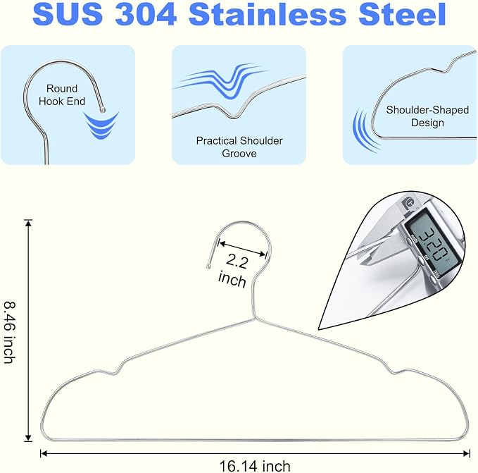 Clothes Hangers 50 Pack Heavy Duty, Ultra Slim Coat Hangers Space Saving, Non Slip Wire Metal Hanger Stainless Steel Hangars for Suit Skirts Pants Bra Closet Organizer Dorm Room Essentials 16.2 Inch - Image 3