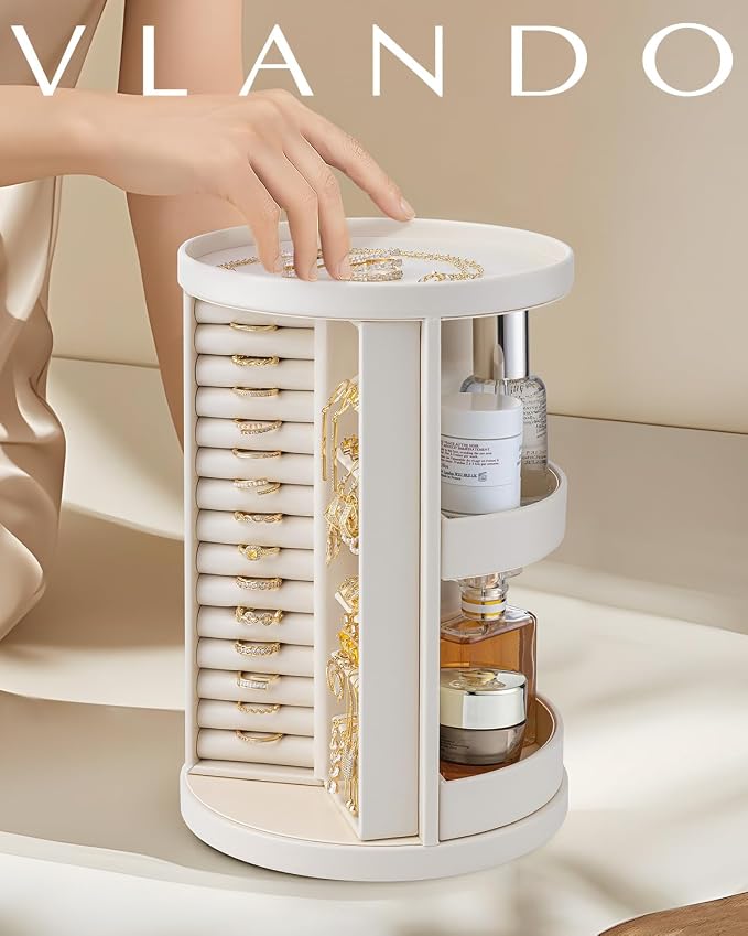 VLANDO 360°Rotating Jewelry Box,Earring Organizer Large Vertical Jewelry Organizer with 6 Necklace Hooks, Open Ring Display Storage for Women - Cream White - Image 2