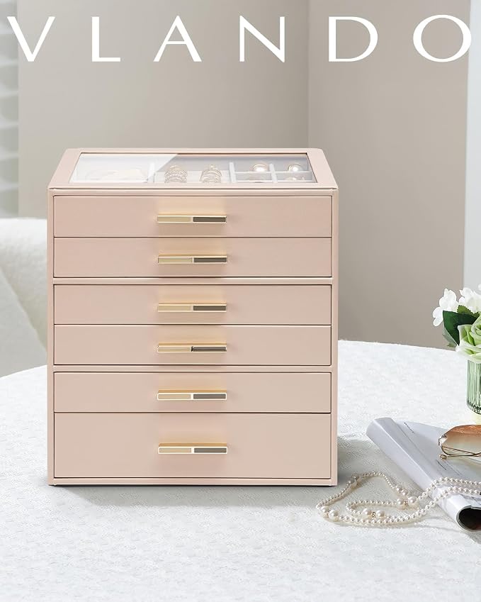VLANDO 6 Layer Jewelry Box for Women, Glass Lid Jewelry Organizer with 6 Drawers for Necklaces Rings Earrings Bracelets - Toffee - Image 2