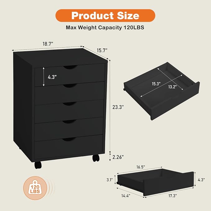 5 Drawer Mobile File Cabinet Under Desk Storage Organization with Wheels Vertical Filing Chest Rolling Wood Small Desk Printer Stand for Home Office, Black - Image 3