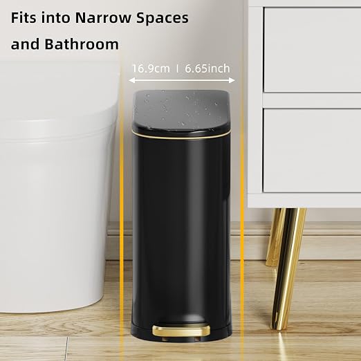 KSSKSS 2.6 Gallon Slim Bathroom Trash Can with Soft Close Lid, 10L Stainless Steel Garbage Can with Removable Liner Bucket, for Narrow Spaces, Bathroom, Bedroom (Matt Black) - Image 2