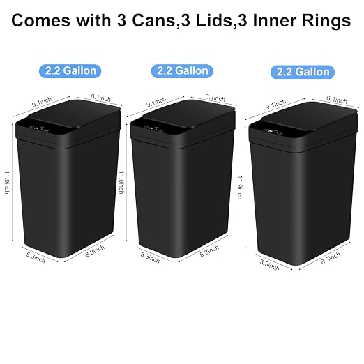 Anborry Bathroom Automatic Trash Can 3 Pack 2.2 Gallon Motion Sensor Touchless Small Slim Garbage Can with Lid Smart Electric Narrow Garbage Bin for Bedroom Living Room Office Kitchen (Black) - Image 4
