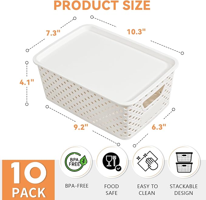 10 Pack Small Plastic Storage Bins with Lids, Stackable Plastic Storage Baskets for Organizing with Handles, Organizer Bins with Labels for Room, Craft, Containers for Pantry Organizers and Storage - Image 2