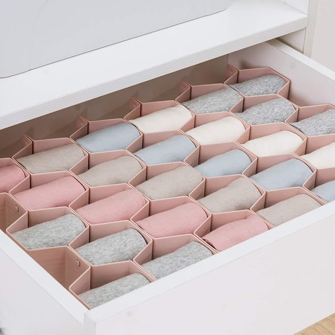 Poeland Drawer Divider Organizer Adjustable DIY Grid Honeycomb Drawer Divider for Underwear Belt Scarf Socks Pink 2 Pack - Image 3