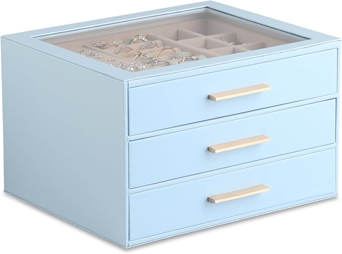 Frebeauty Clear Lid Jewelry Box,3-Layer Jewelry Organizer with Drawer,PU Leather Jewelry Organizers and Storage,Jewelry Boxes for Women,Jewelry Storage for Rings Earring Stud,Gift for Women(Sky Blue) by Frebeauty