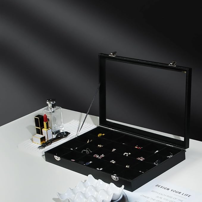 Coward Jewelry Organizer Box, Black Velvet 24 Grids Ring Earring Jewelry Display Tray Case with Transparent Glass Lid for Home Drawer or Shop Selling - Image 5