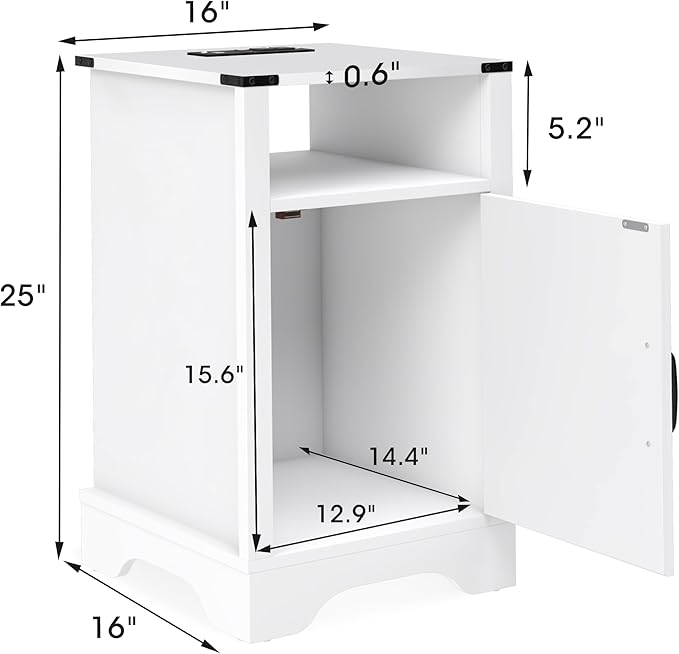 RoyalCraft 25" Tall Nightstands Set of 2, Farmhouse Nightstand with Charging Station, Large End Table with Storage, White Wood Bedside Table for Bedroom, White