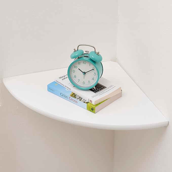 Corner Shelf, Solid Oak Wood Floating Corner Shelf Wall Mount Round End Floating Speaker with Wire Hole for Small Plant Photo for Bedroom Kitchen, Living Room White by Coamily