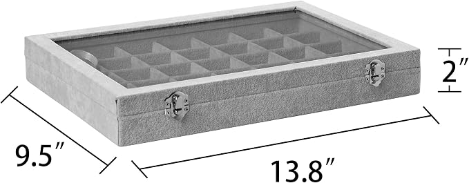 Frebeauty Velvet Jewelry Tray,35 Grid Jewelry Organizer with Clear Lid,Earring Holder Organizer Case with Clasp,Drawer Insert for Rings Studs,13.8 x 9.5 x 2 Inches,Gift for Women Girls(Grey) - Image 3