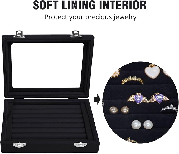 Vicoter Rings Organizer Tray 7 Slots Velvet Jewelry Earring Storage Box with Transparent lid Jewelry Display Case for Girls Wife Mom Women (Black) - Image 3