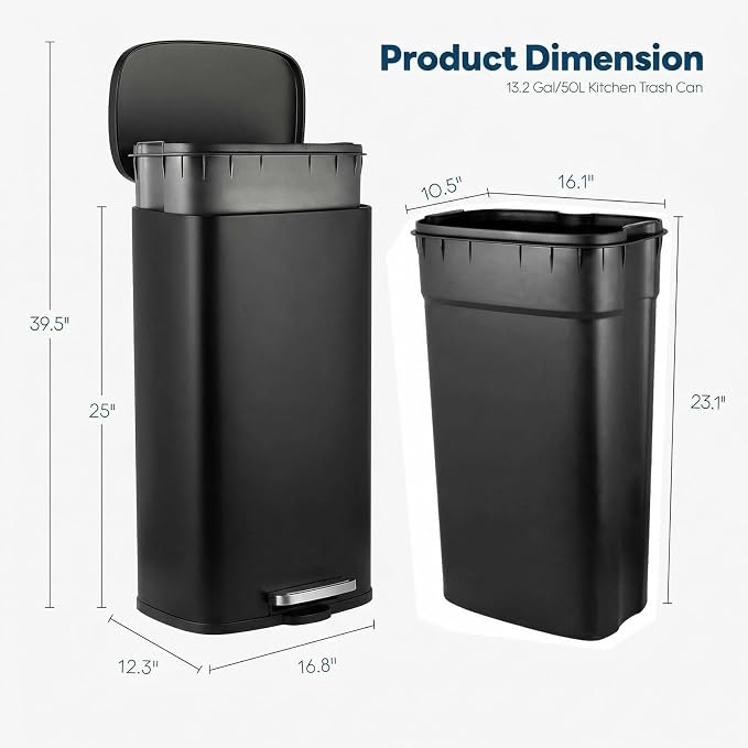 13.2 Gal Kitchen Trash Can, 50L Recycling or Garbage Bin, Brushed Stainless Steel Waste Basket, Soft&Quiet Close Dustbin, with Step-On Pedal, Removable Inner Bucket, for Home, Office, Living Room - Image 2