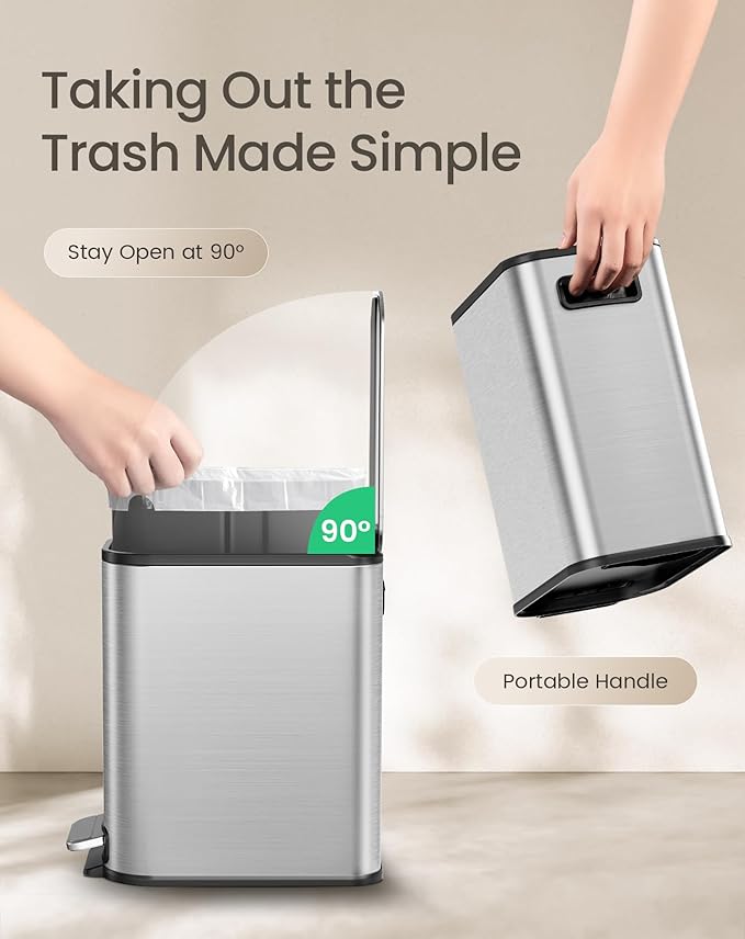 Cesun Small Bathroom Trash Can with Lid Soft Close, Step Pedal, 5 Liter / 1.3 Gallon Stainless Steel Garbage Can with Removable Inner Bucket, Waste Basket for Bathroom, Bedroom (Silver) - Image 5