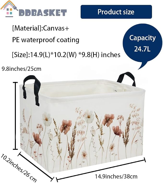 Rectangular Kids Baskets Flower Basket Kids Storage Bins Girls Basket Cute Storage Bin Organizer Box Room Decor for Home(Ink wash flower) - Image 2
