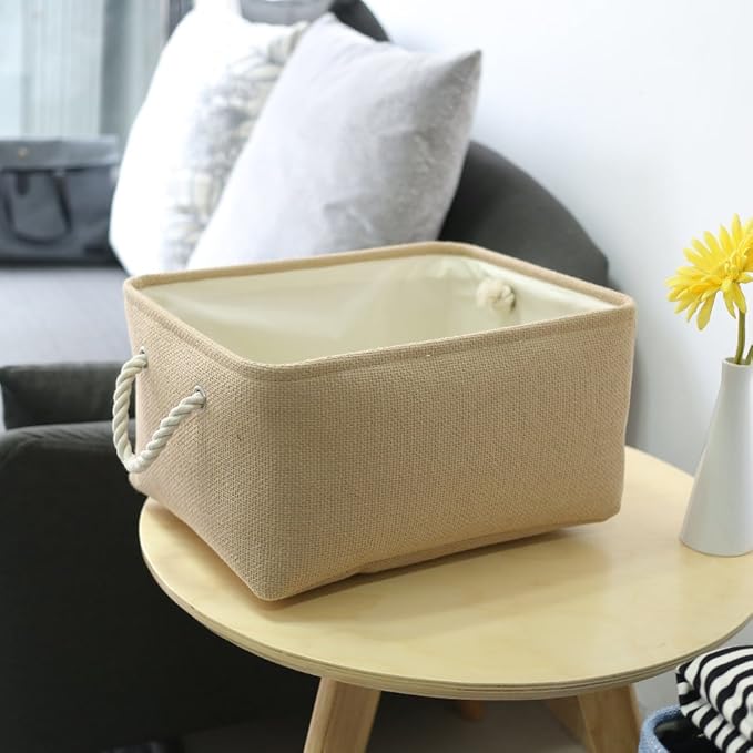 TheWarmHome Decorative Basket Rectangular Small Storage Basket Fabric Storage Bin Organizer Basket with Handles for Clothes Storage (Beige, 11.8L×7.9W×5.2H inch) - Image 2