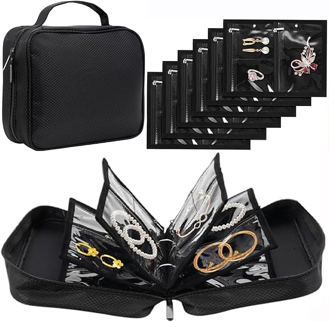 GSXRB Waterproof Anti-Tarnish Jewelry Organizer for Travel - Large Capacity Foldable Jewelry Box with 36 Compartments, Portable Earring Necklace Ring Organizer (Black) by CandleWick