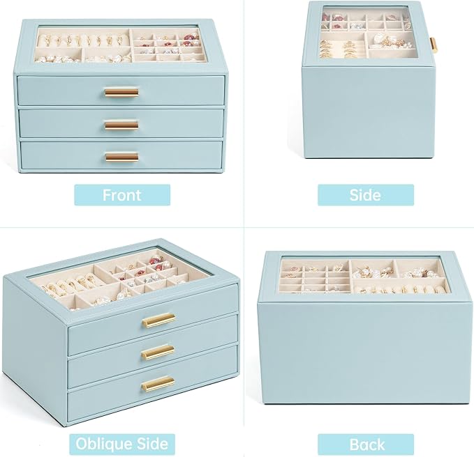 AKOZLIN Jewelry Box with Clear Lid Functional Leather Jewelry Storage Organizer Case 3 Drawers for Women Girls Necklace Ring Bracelet Earring - Image 5