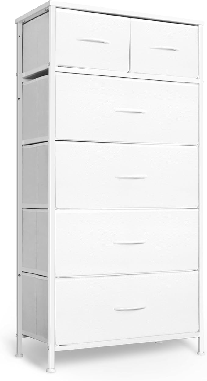 Mifuro Tall Dresser for Bedroom, Vertical Storage Organizer Tower with 6 Drawers, Chest of Drawers with Fabric Bins, Steel Frame, Wood Top for Bedroom, Closet, Entryway- White by MifuroOfficeProduct