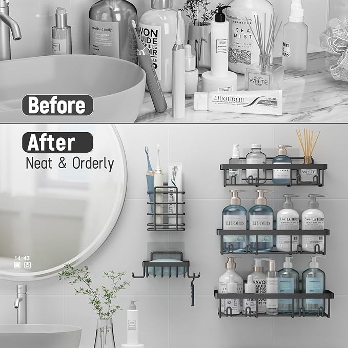 Liuoud 5 Pack Shower Caddy Organizer Rack Shelf for Inside Shower, Self Adhesive Bathroom Wall Storage Basket Rustproof Stainless Steel Large Capacity Shampoo Holder, Dark Grey - Image 6