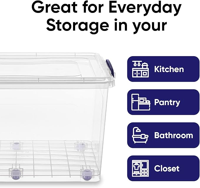 Superio Storage Bins with Lids- Clear Boxes for Organizing, Stackable Plastic Containers- BPA Free, Non-Toxic, Odor Free, Organizer for Home, Office, Dorm (6 Pack, 44 Qt (Wheeled))