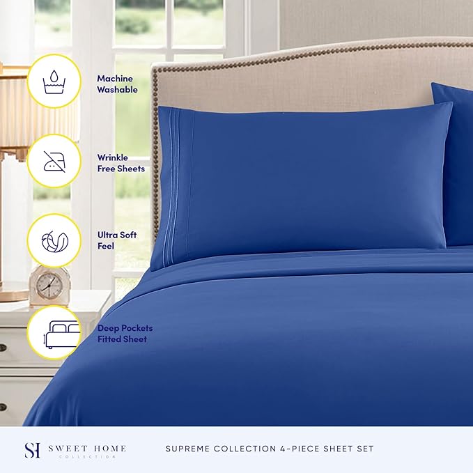 Split King Sheets - Breathable Luxury Sheets with Full Elastic & Secure Corner Straps Built In - 1800 Supreme Collection Extra Soft Deep Pocket Bedding Set, Sheet Set, Split King Size, Royal Blue