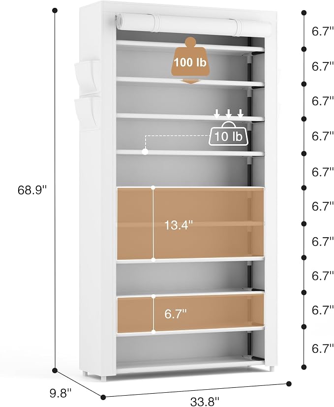 ROJASOP Shoe Rack with Covers 10 Tier Large Shoe Organizer Tall Shoe Closet Storage for 50-55 Pairs Shoe and Boot, Free Standing Shoe Rack Organizer for Closet, Entryway, Bedroom, White - Image 3