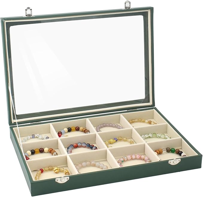 KOOAAICCHI Jewelry Tray Organizer with Clear Lid - 12 Grid Storage Display Case with Lock Earring Ring Organizer Showcase Gifts for Women-Green by KOOAAICCHI