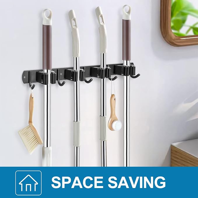 IMILLET Broom and Mop Holder Wall Mounted, Stainless Steel Broom Organizer Heavy Duty Tools Organizer Self Adhesive Mop Holder for Home Laundry Room Garage Garden (4 Racks and 5 Hooks) - Image 7
