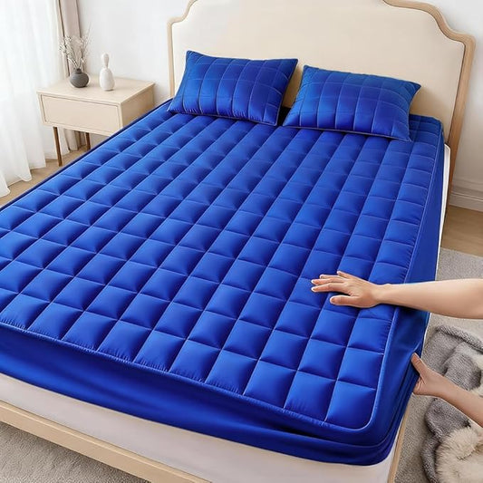 Waterproof Quilted Mattress Protector, Gray, Deep Pocket 9-15 Inches, Cooling Breathable Bed Cover, Hotel Quality (Blue, Queen)