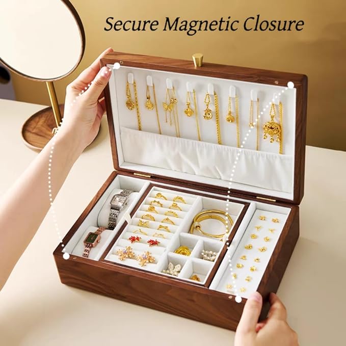 Bescott 2 Layer Solid Black Walnut Wooden Jewelry Box for Women Wood Vintage Organizer for Men Earrings Rings Necklaces Bracelet Watch Storage - Image 4