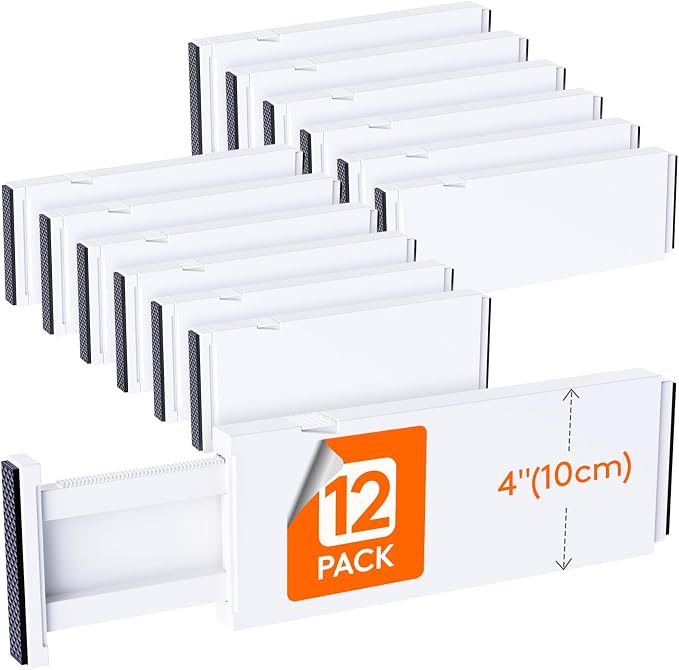 Lifewit 12 Pack 4" High Drawer Dividers 28-43.5cm/11-17" Adjustable Drawer Organizer for Clothes/Utensils, Expandable Drawer Separator in Dresser/Kitchen/Bedroom/Office Organization & Storage White by Lifewit