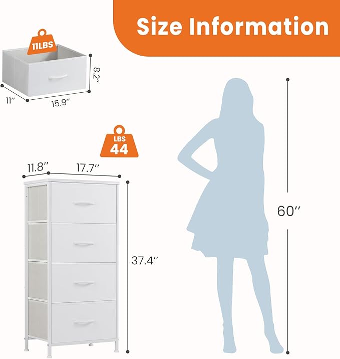 Sweetcrispy Dresser for Bedroom, Storage Drawers, Skinny Fabric Storage Tower with 4 Drawers, Tower Organizer Unit, Chest of Drawers with Wooden Top for Closet，Entryway