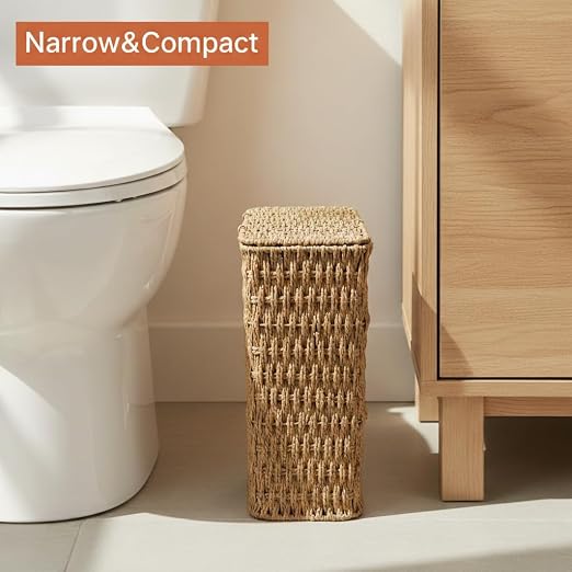 Coeusy 3 Gallon Paper Rope Bathroom Trash Can,Small Wicker Trash Cans with Lid and Liner,Woven Rattan Narrow Waste Basket for Bedroom,Office,Natural - Image 4