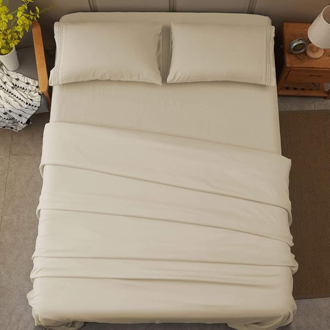 SONORO KATE Bed Sheet Set Super Soft Microfiber 1800 Thread Count Luxury Egyptian Sheets 16-Inch Deep Pocket，Wrinkle and Hypoallergenic-4 Piece (Beige, King)