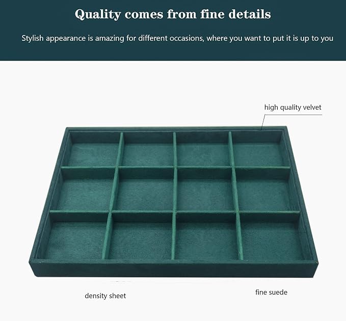 Large Velvet Jewelry Tray, Drawer Organizer for Jewelry in Dresser, Stackable Jewelry Drawer Organizer Inserts for Earring Necklace Bracelet Rings(Green,12grid) - Image 2
