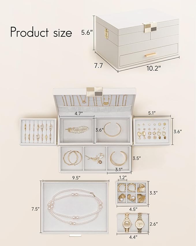 VLANDO 3 Layer Jewelry Box - Women Jewelry Box with Retractable Tray - Jewelry Organizers with Drawer for Necklaces, Rings, Bracelets, Earrings, Valentines Gift for Mom Girls - Cloud White - Image 6