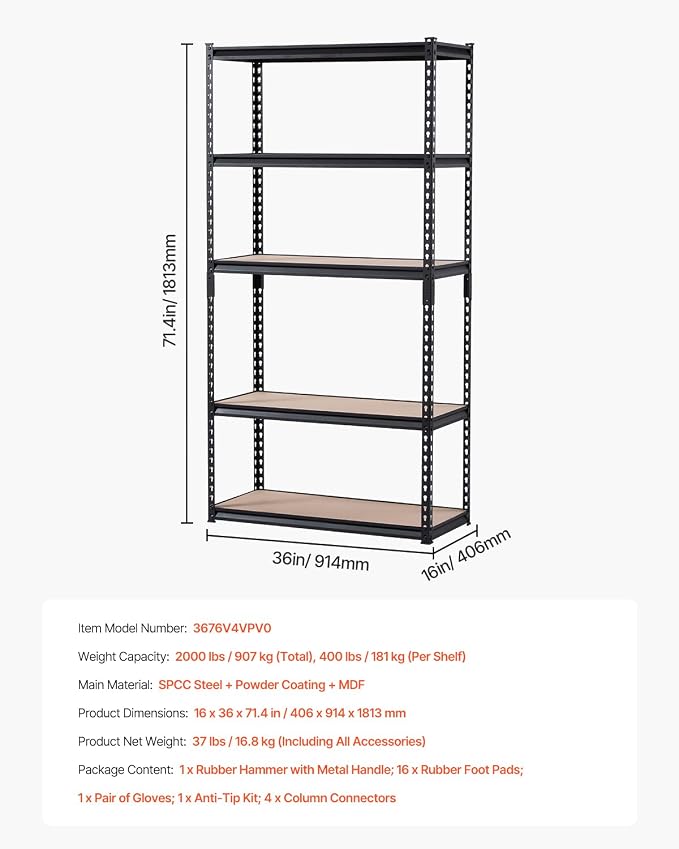 VEVOR Storage Shelves, 2000 lbs, 5 Tier Garage Storage Shelving, 16" D x 36" W x 71.4" H Adjustable Metal Shelves for Garage Shelves Utility Rack Shelf, Ideal for Kitchen, Warehouse, Basement, Black - Image 8