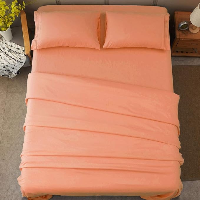 SONORO KATE Bed Sheet Set Super Soft Microfiber 1800 Thread Count Luxury Egyptian Sheets 16-Inch Deep Pocket，Wrinkle and Hypoallergenic-4 Piece (Coral, Full)