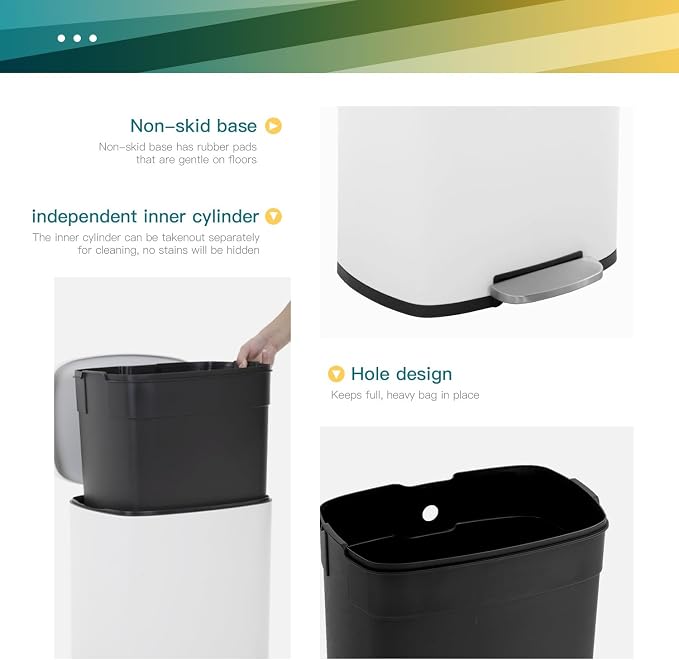 FDW | 13 Gallon Trash Can with Lid | White | Fingerprint-Proof | Made of Brushed Stainless Steel | Soft-Close Step Pedal | Hands-Free Use | Easy to Clean | for Kitchen, Office, Bathroom - Image 3