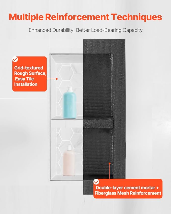 VEVOR Shower Niche, 16 x 32 inch + 16 x 32 inch Recessed Wall Niche with Movable Shelf, 4 inch Thick Modern Soap&Shampoo Storage Organizer,Square Corners,Sealed Waterproof,Black for Bathroom Shower - Image 6
