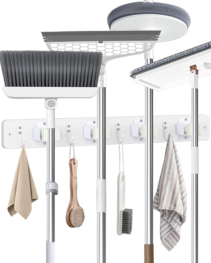 AceMining Broom Holder Wall Mounted, White 4 Holders and 4 Hooks Mop Holder, Wooden Mop and Broom Holder with Anti slip rubber, Natural pine wood Brush Holder, Mop Wall Holde with Nail installation by AceMining