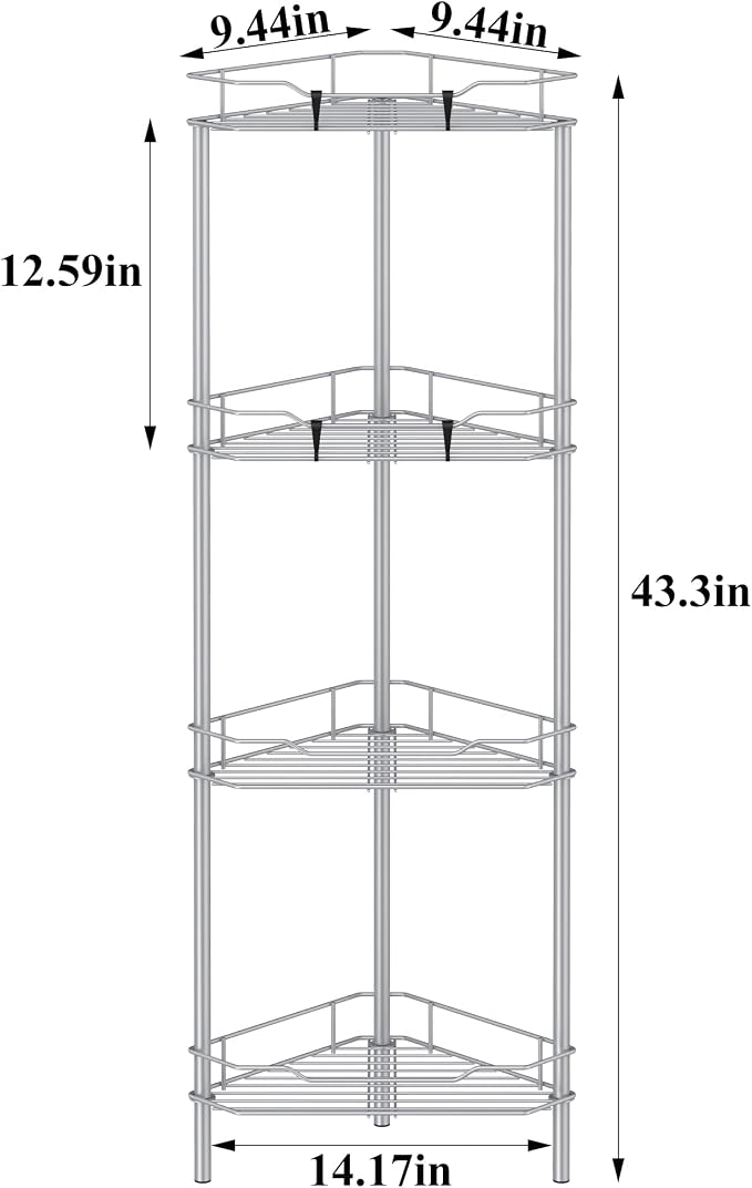 HuggieGems 4 Tier Floor Standing Corner Shower Caddy Organizer Shelf with Hooks, Bathroom Shelves Stand Rack, Silver - Image 7