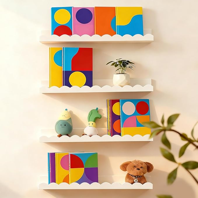 Nursery Book Shelves, Set of 4 Floating Book Shelves, Scalloped Wall Bookshelf for Bedroom, White Decor for Nursery, Baby, Toddler Room - Image 2