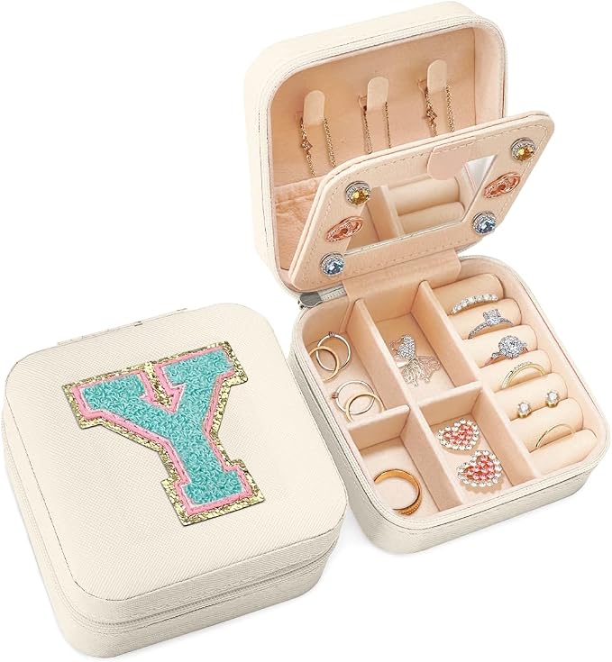 SANDJEST Personalized Jewelry Box, White Travel Jewelry Box with Initial Y, Small Monogrammed Jewelry Case Organizer for Girls Women Teen Kids, Mini Travel Essentials Gifts for Birthday Christmas by SANDJEST