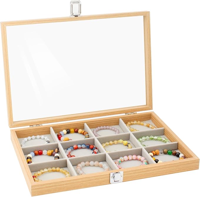 KOOAAICCHI Jewelry Organizer Tray 12 Grid Velvet Jewelry Storage Box with Clear Lid Jewelry Display Case with Lock Bracelet Earring Ring Organizer Showcase Gifts for Girls Women-12 Grid Wooden Beige by KOOAAICCHI