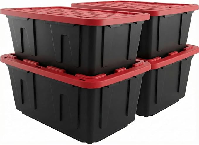 27 Gal Industrial Tote,4 Pack Plastic Storage Bins with Lids Tough Large Storage Bin,Black with Red Lid Plastic Storage,Stackable & Nestable for Garage, Basement, or Outdoor (4 Pack) by Unknown