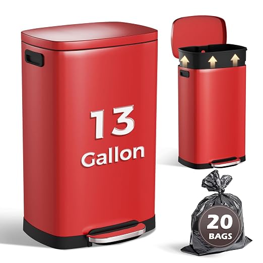ELPHECO LPHECO Kitchen Trash Can with Lid Soft Close, 13 Gallon / 50L Stainless Steel Pedal Garbage Can, Heavy-Duty Step Wastebasket with 20 Bags, Removable Bucket, Home Office, Kitchen, Scarlet Red by ELPHECOUSA