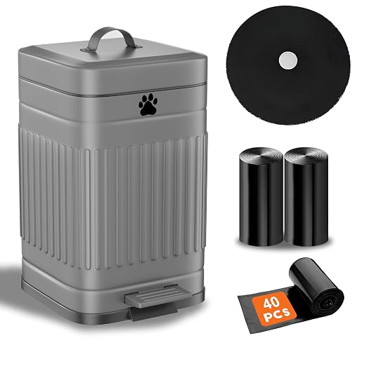 Dog Poop Trash Can Outside, 5L/1.3Gal Metal Dog Waste Trash Can with Lid, Foot Pedal, Pet Waste Container with 40 Bags, Poop Bucket with Lid Soft Close for Pet, Grey by Kopuncare